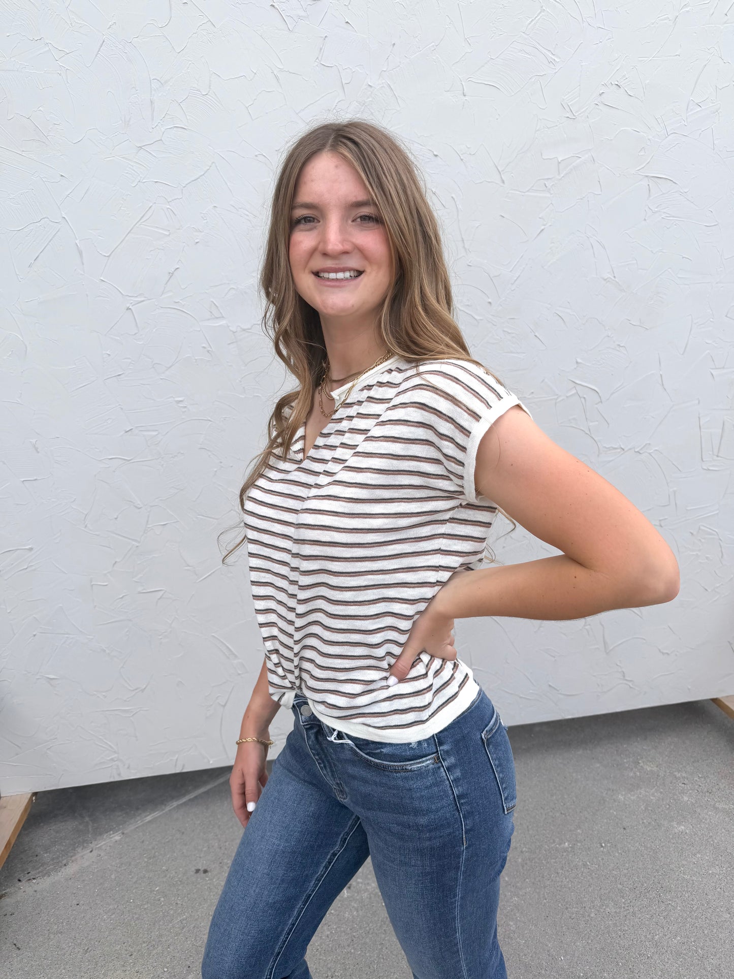 Simple Striped Split Neck Top