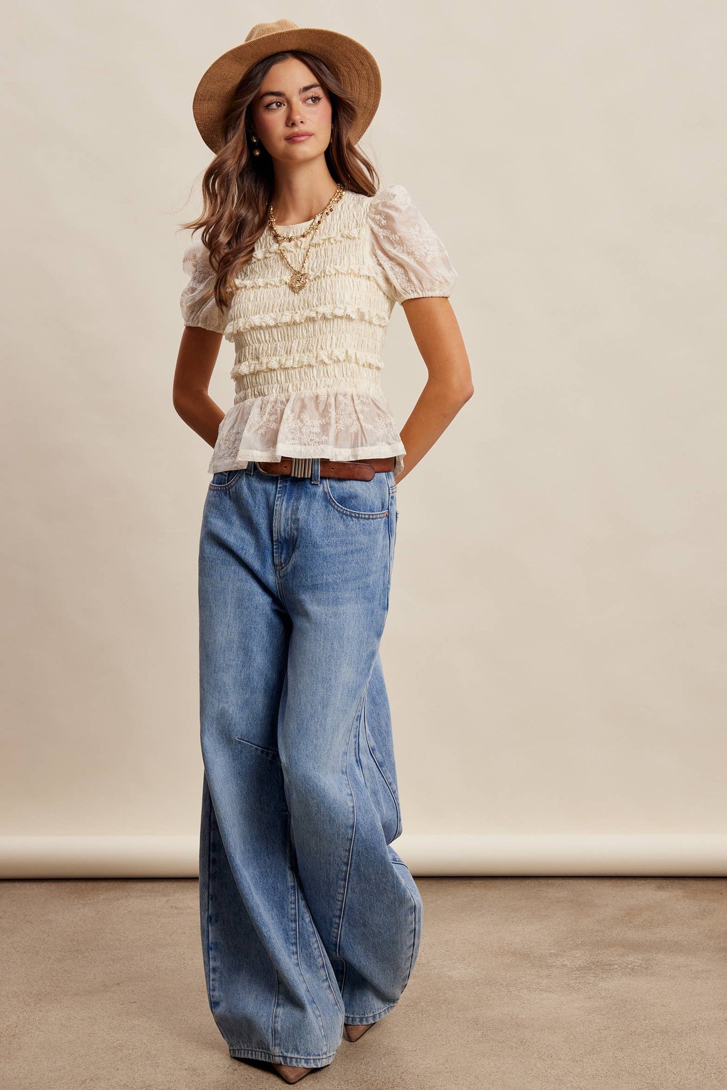 Smocked Lace Puff Top