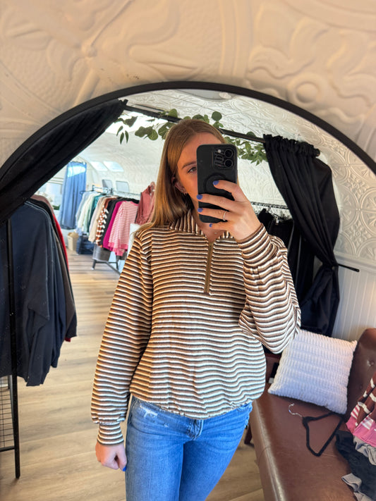 Brown Bubble Hem Half Zip