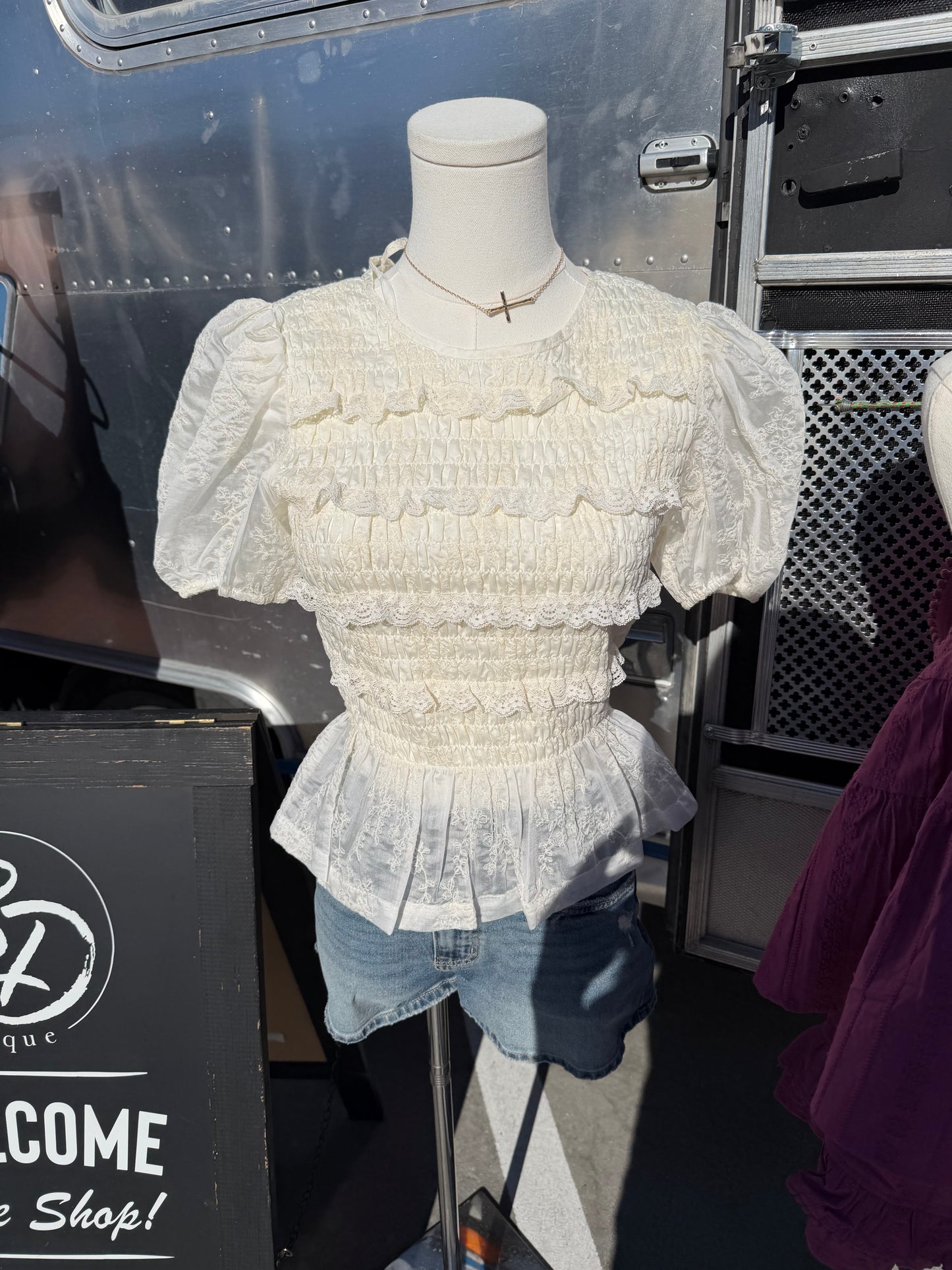 Smocked Lace Puff Top