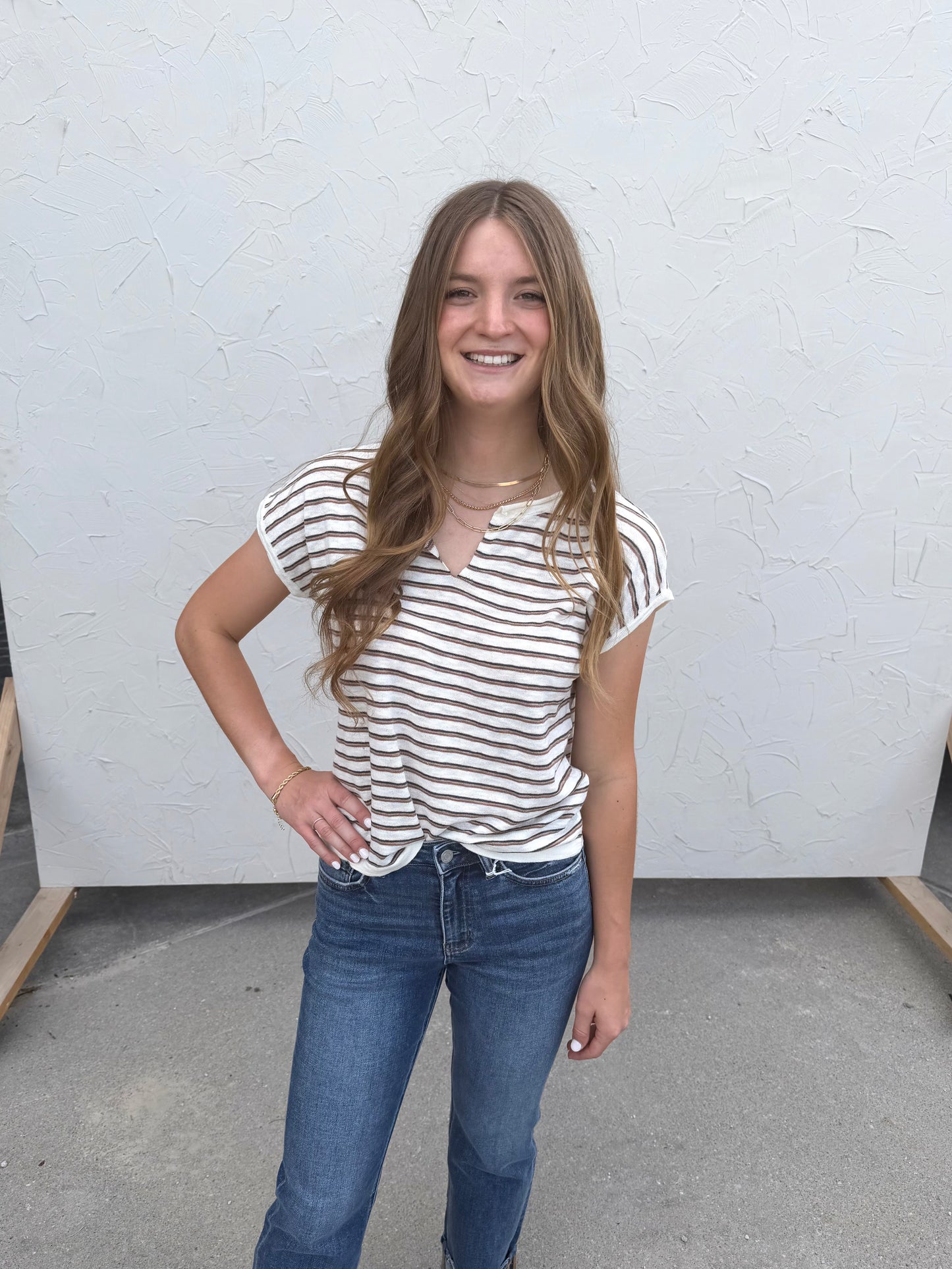 Simple Striped Split Neck Top