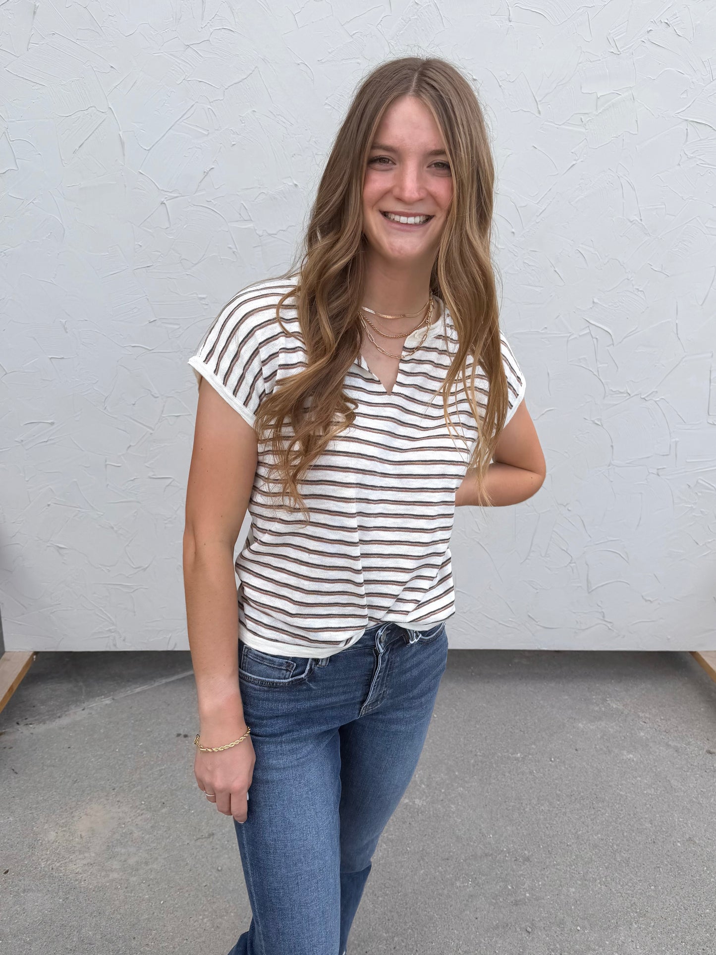 Simple Striped Split Neck Top