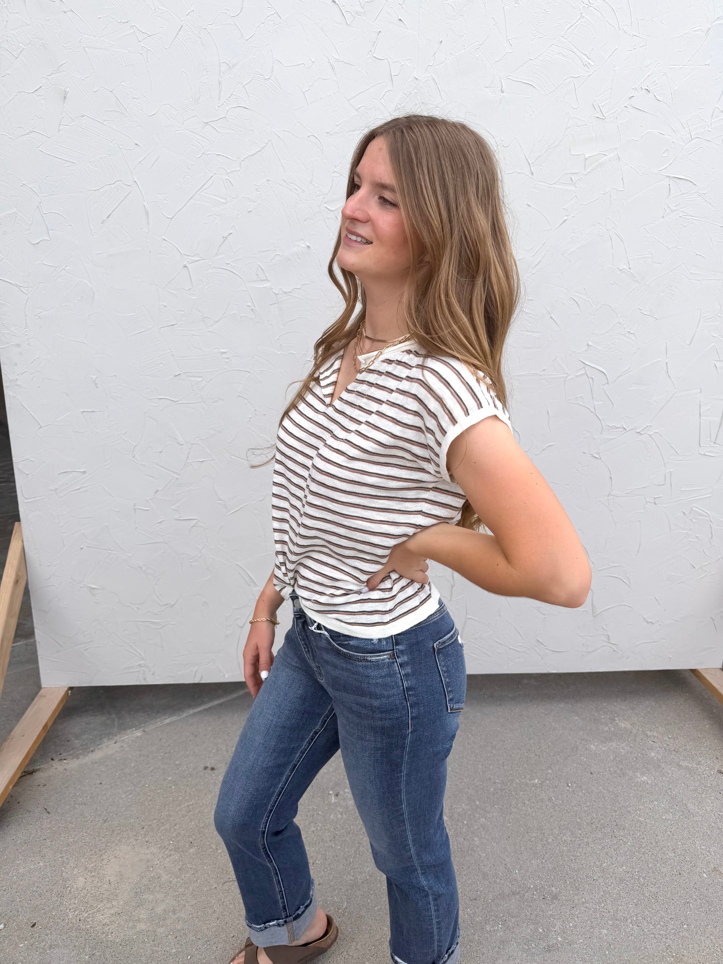 Simple Striped Split Neck Top