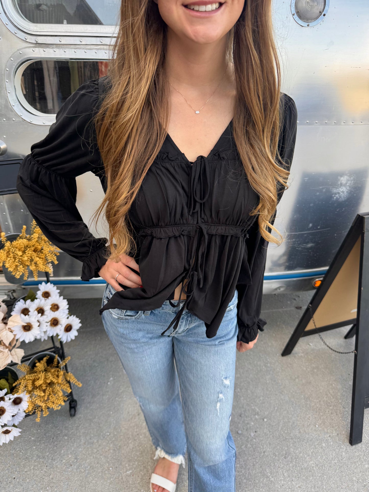 Shirring Tie Front Top