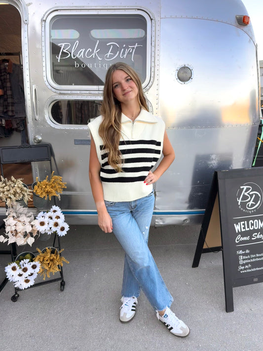 Striped Half Zip Knit Top