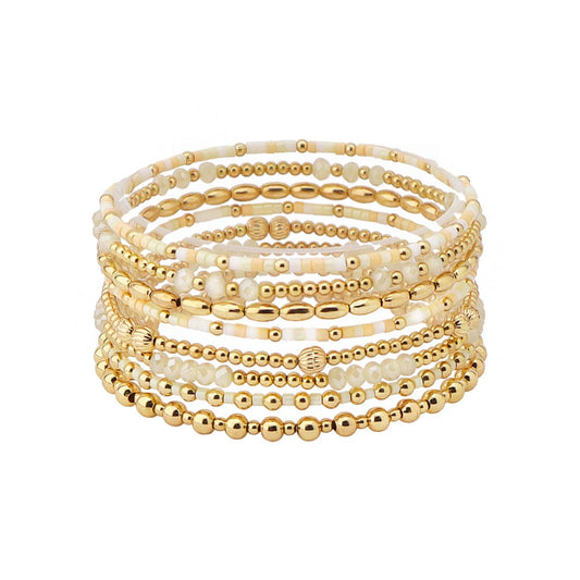 8 Natural Seed Bead & Gold Stretch Bracelet
