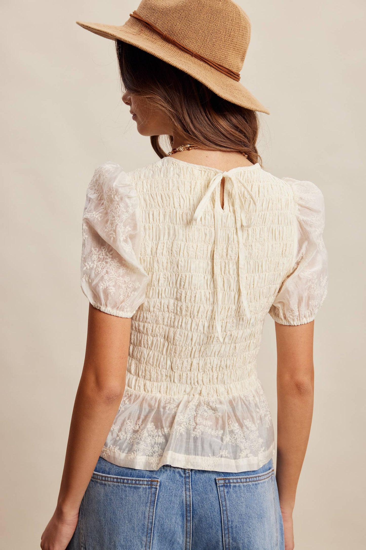 Smocked Lace Puff Top